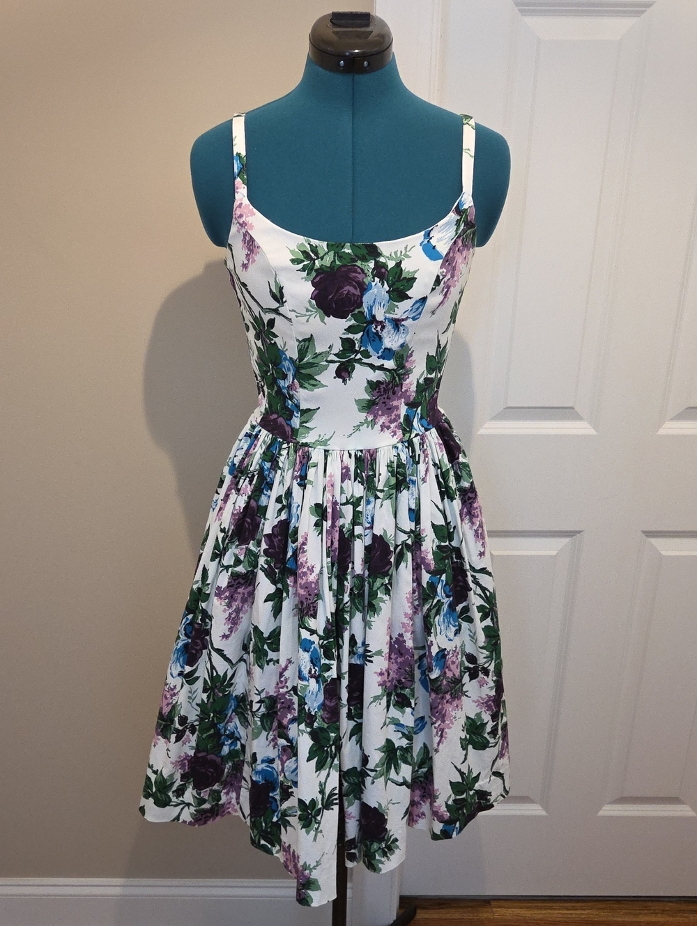 Pinup Couture White Floral Jenny Dress with Purple, Volet, And Blue Blooms